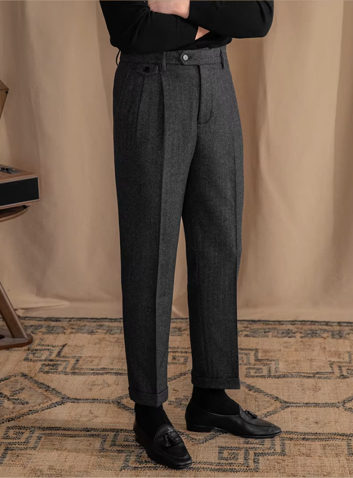 NICO PLEATED HERRINGBONE TROUSERS