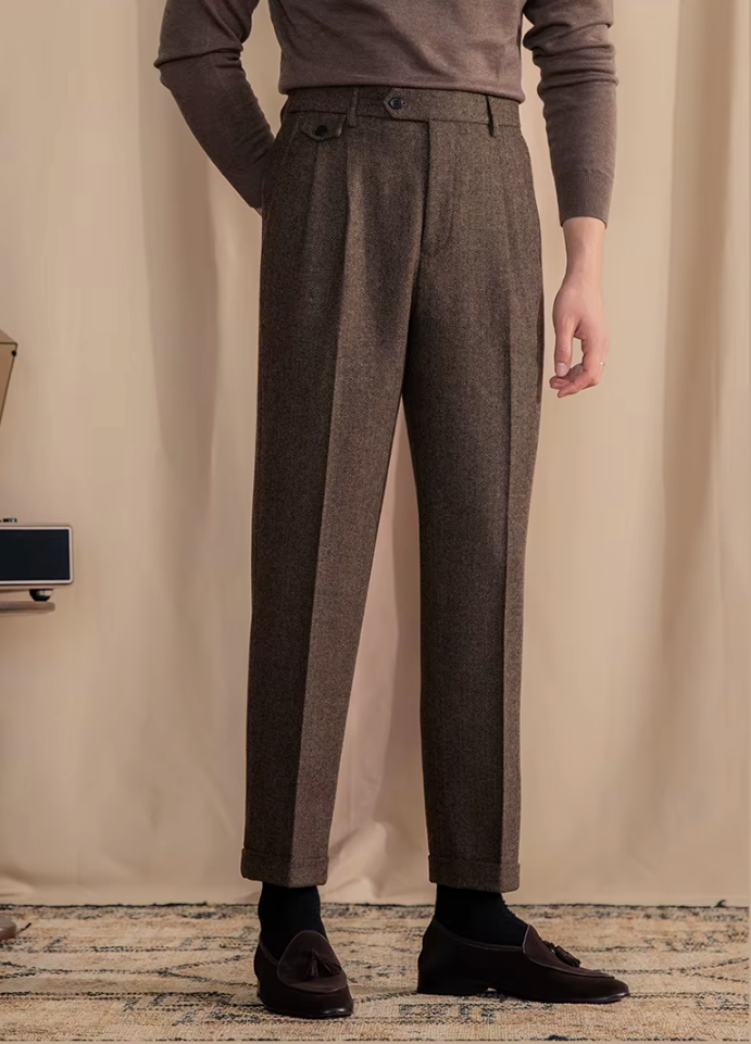 NICO PLEATED HERRINGBONE TROUSERS