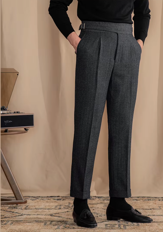 RICCI PLEATED HERRINGBONE TROUSERS