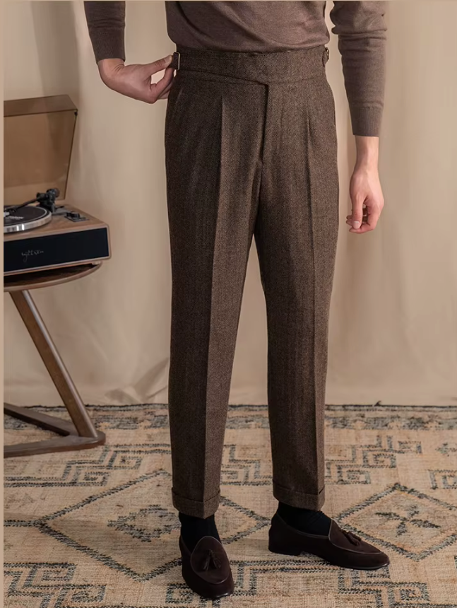 RICCI PLEATED HERRINGBONE TROUSERS