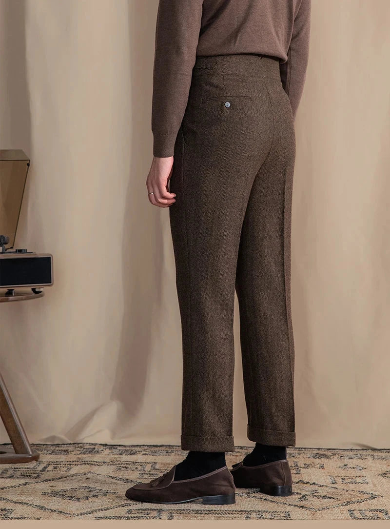 RICCI PLEATED HERRINGBONE TROUSERS