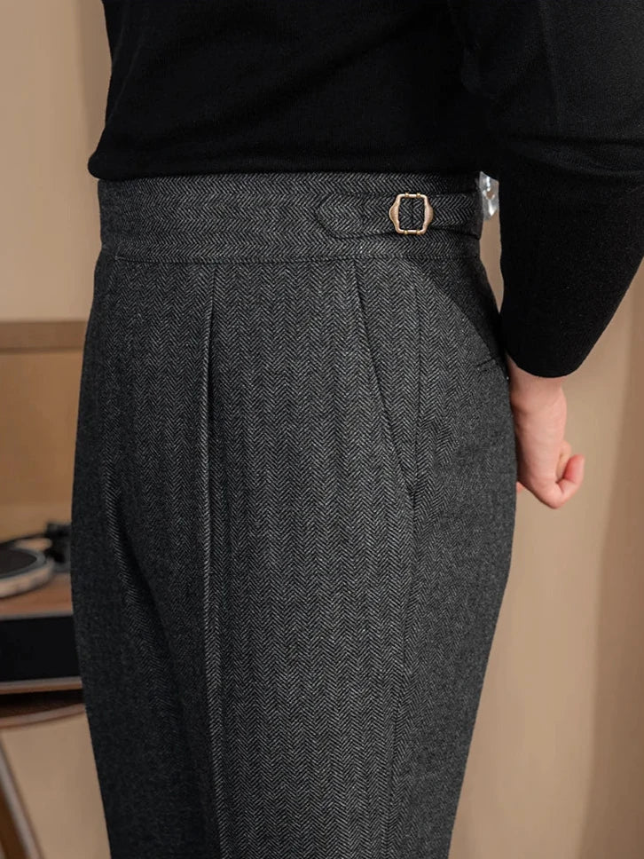 RICCI PLEATED HERRINGBONE TROUSERS