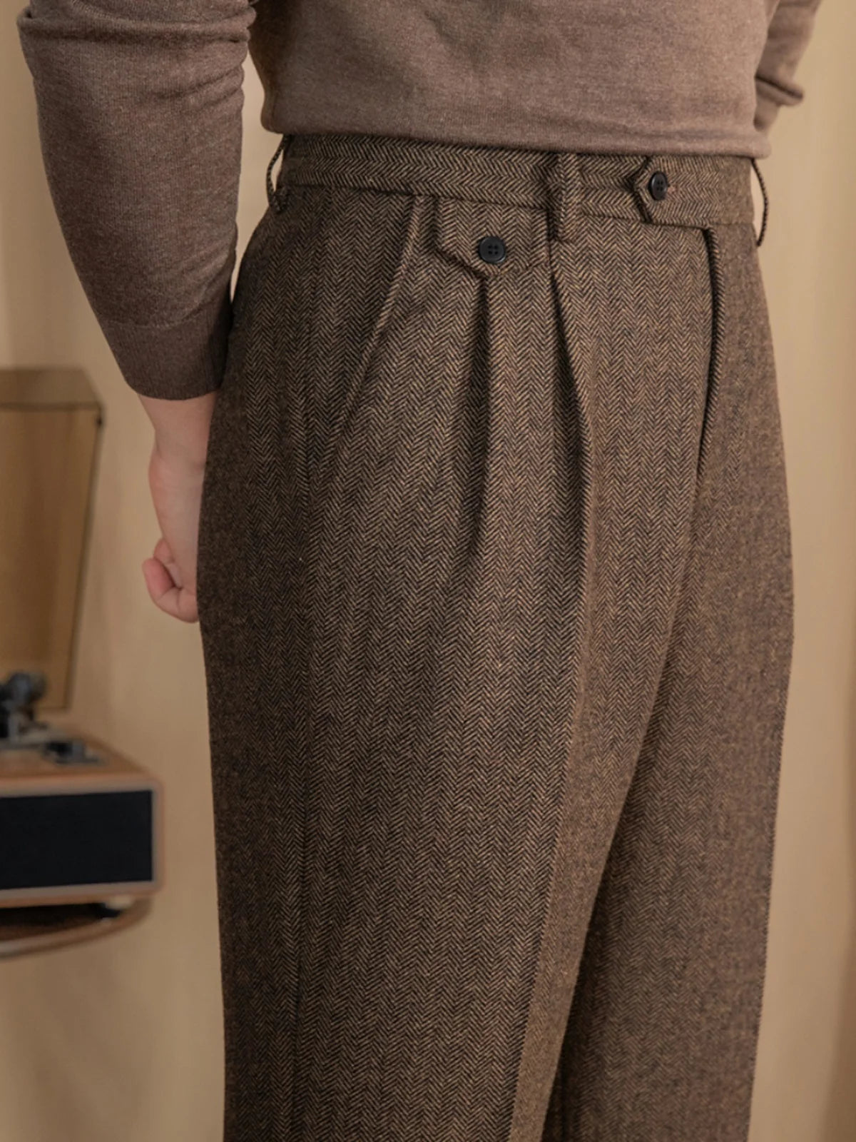 NICO PLEATED HERRINGBONE TROUSERS