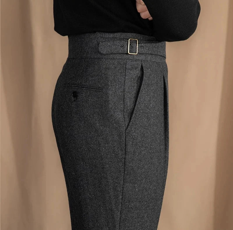 RICCI PLEATED HERRINGBONE TROUSERS