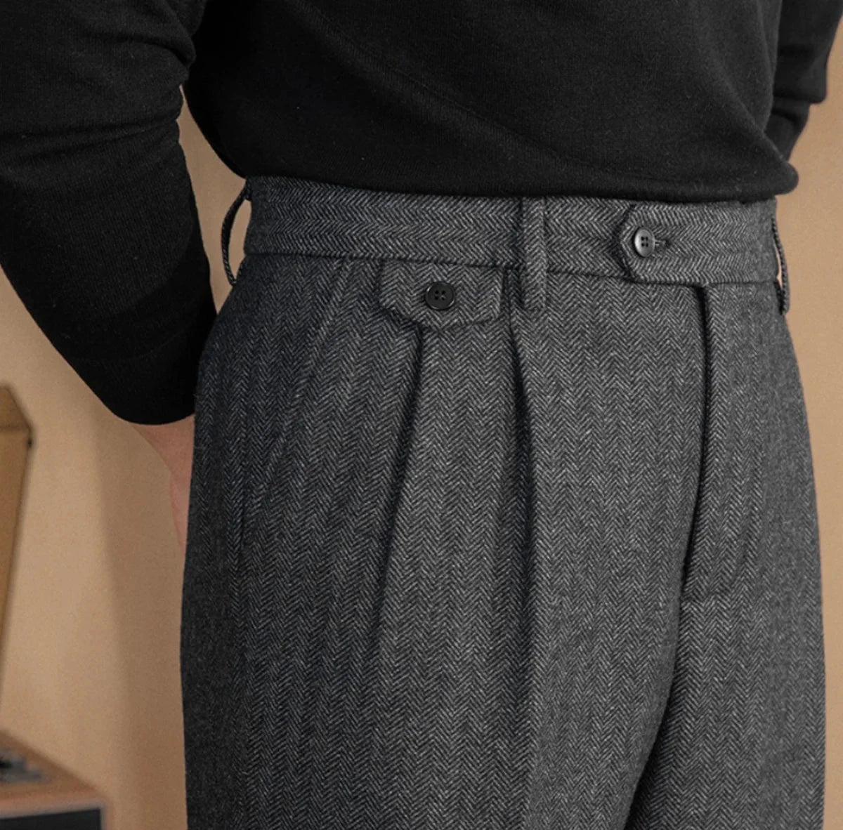 NICO PLEATED HERRINGBONE TROUSERS