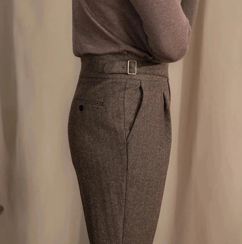 RICCI PLEATED HERRINGBONE TROUSERS