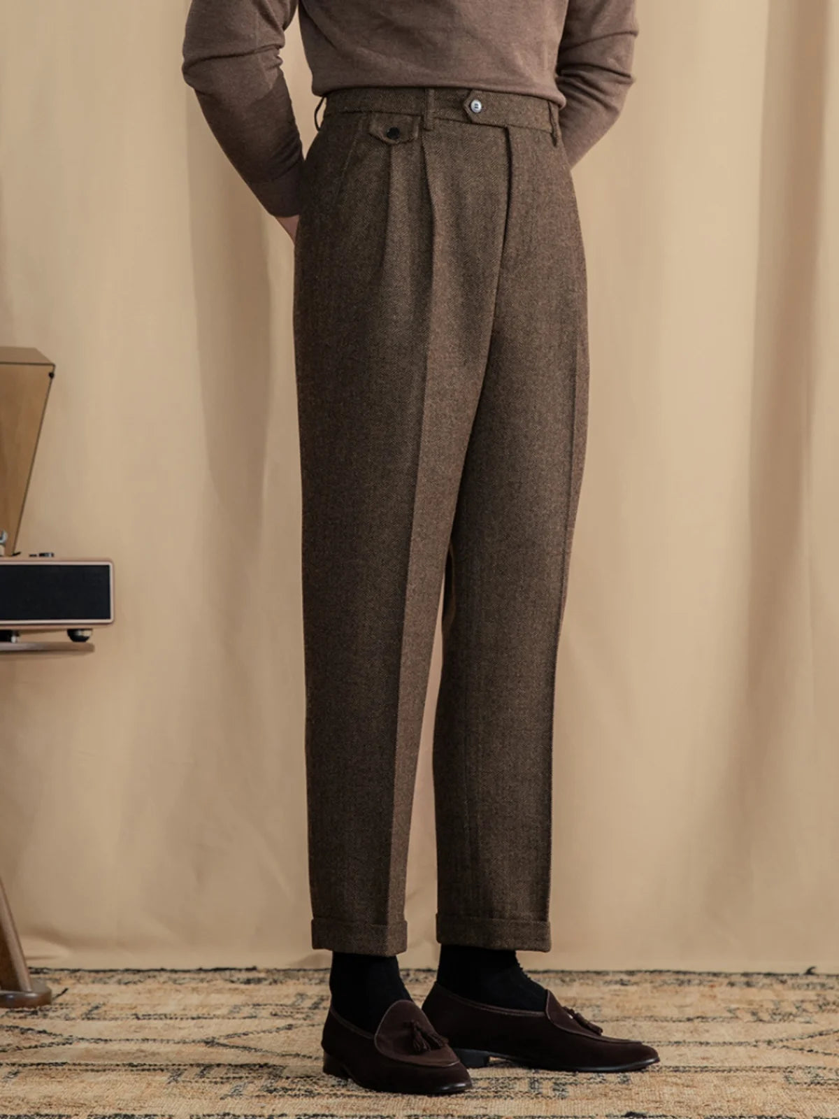 NICO PLEATED HERRINGBONE TROUSERS