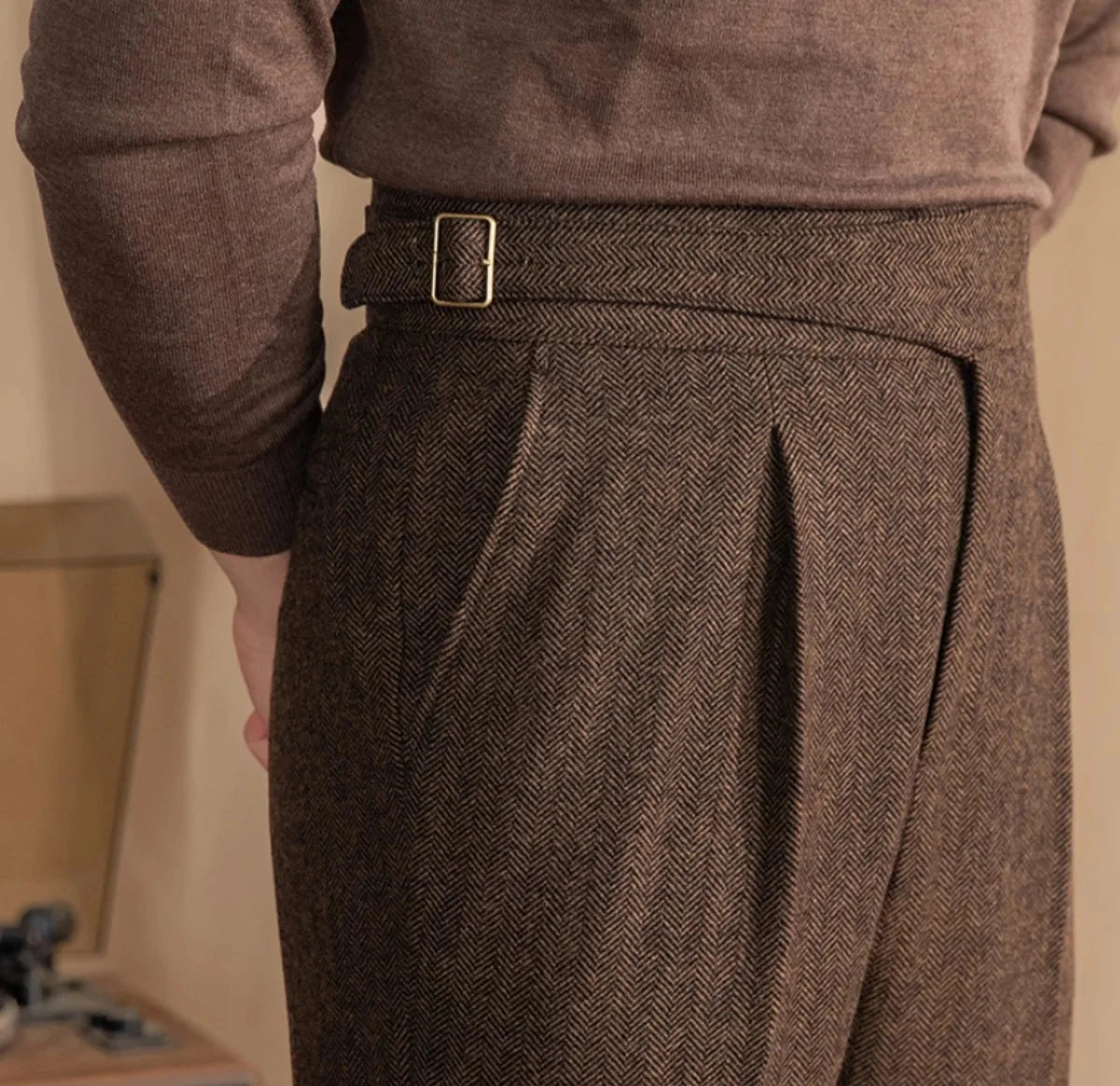 RICCI PLEATED HERRINGBONE TROUSERS